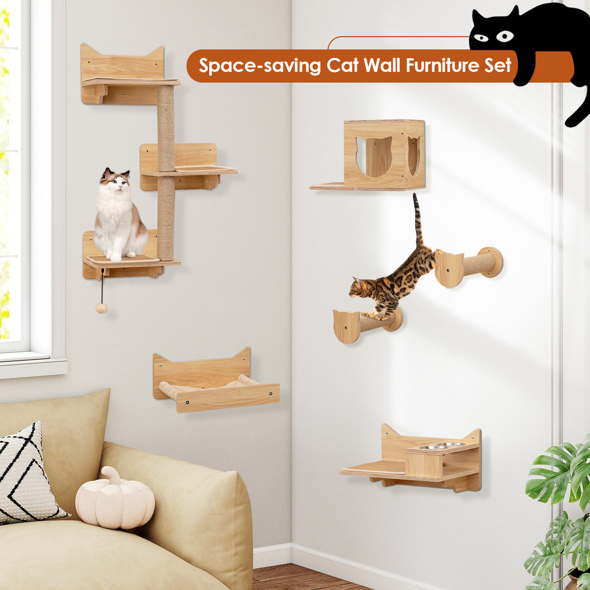 Natural 6 Pieces Cat Wall Shelves Set Kitten Wall Mounted Furniture
