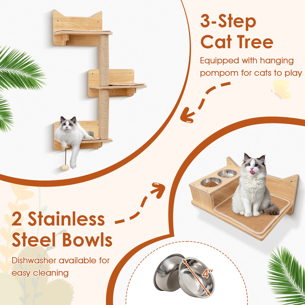 Natural 6 Pieces Cat Wall Shelves Set Kitten Wall Mounted Furniture