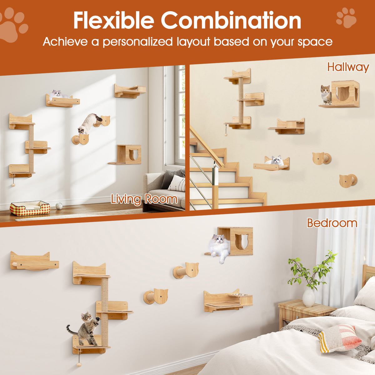 Natural 6 Pieces Cat Wall Shelves Set Kitten Wall Mounted Furniture