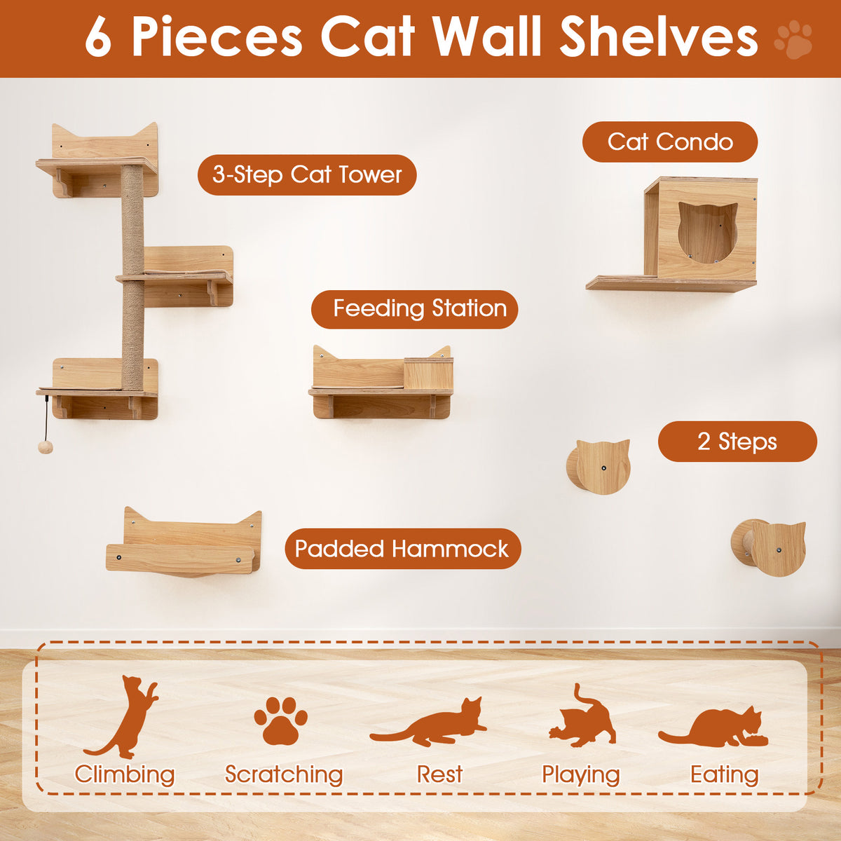 Natural 6 Pieces Cat Wall Shelves Set Kitten Wall Mounted Furniture