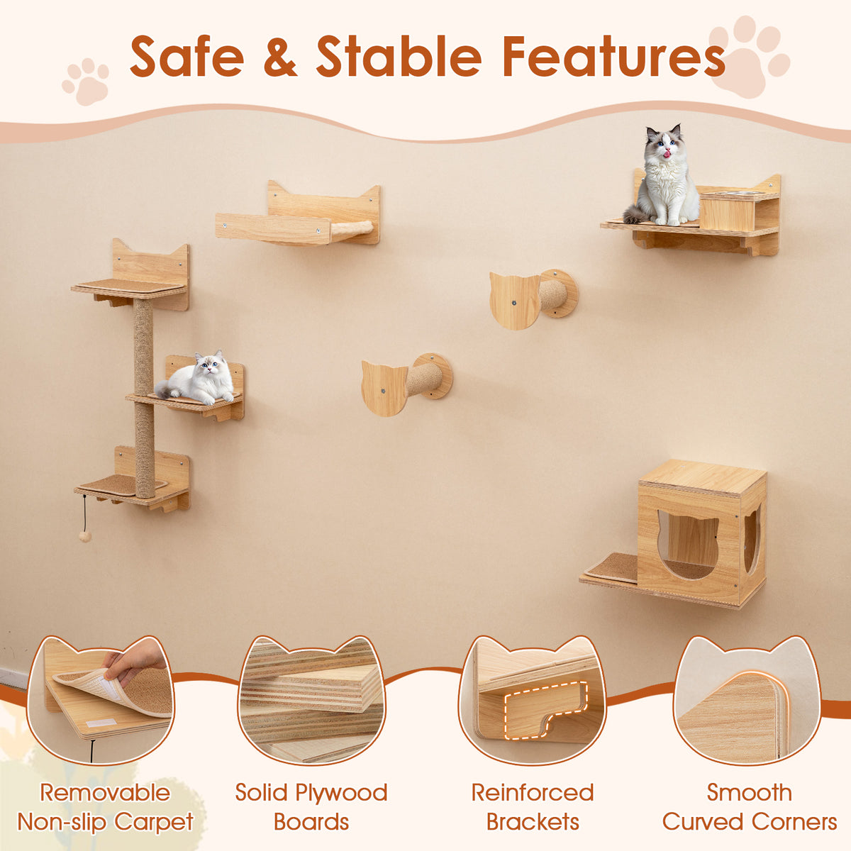 Natural 6 Pieces Cat Wall Shelves Set Kitten Wall Mounted Furniture