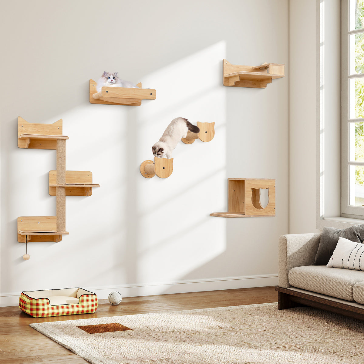 Natural 6 Pieces Cat Wall Shelves Set Kitten Wall Mounted Furniture