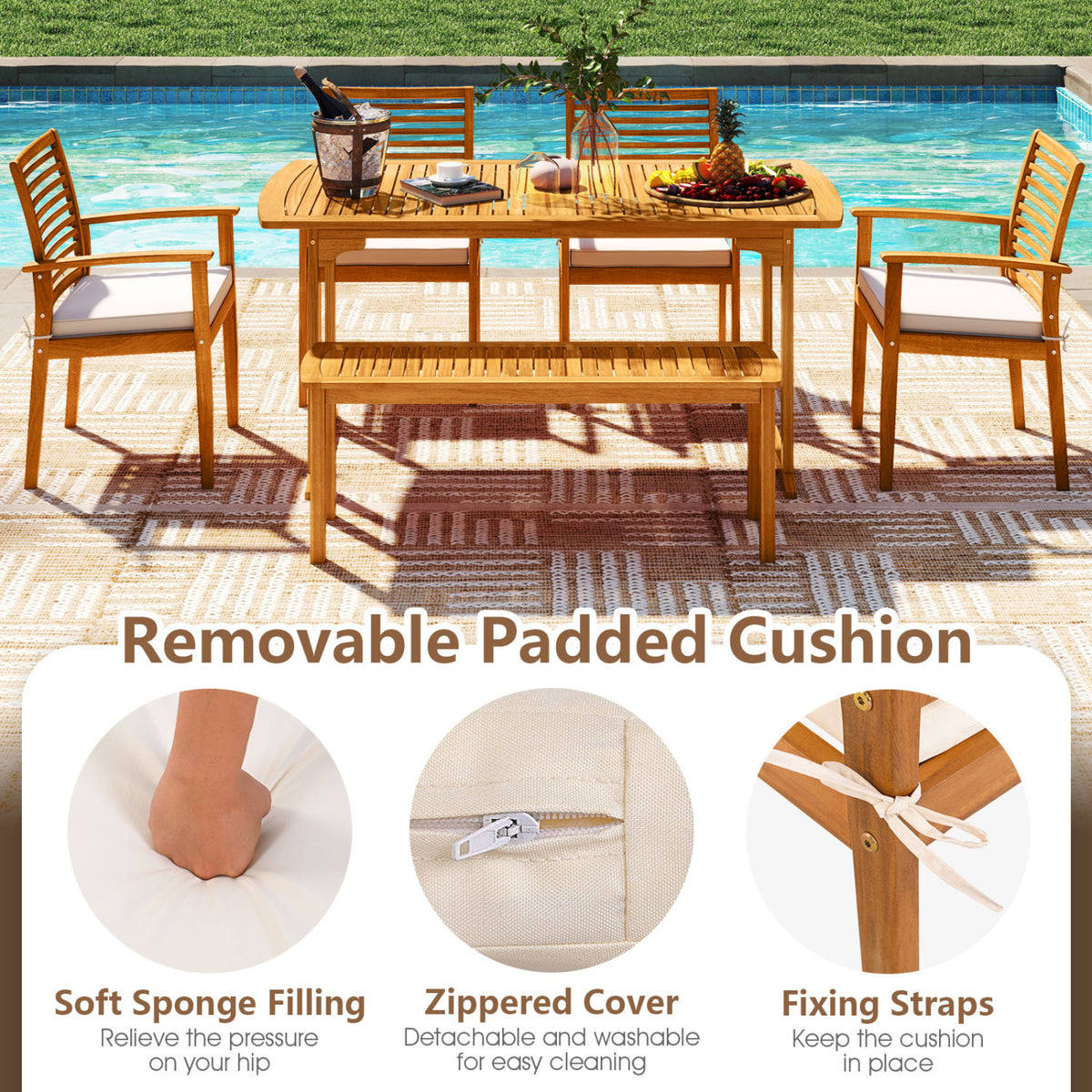 6 Pieces Outdoor Acacia Wood Dining Set with Umbrella Hole