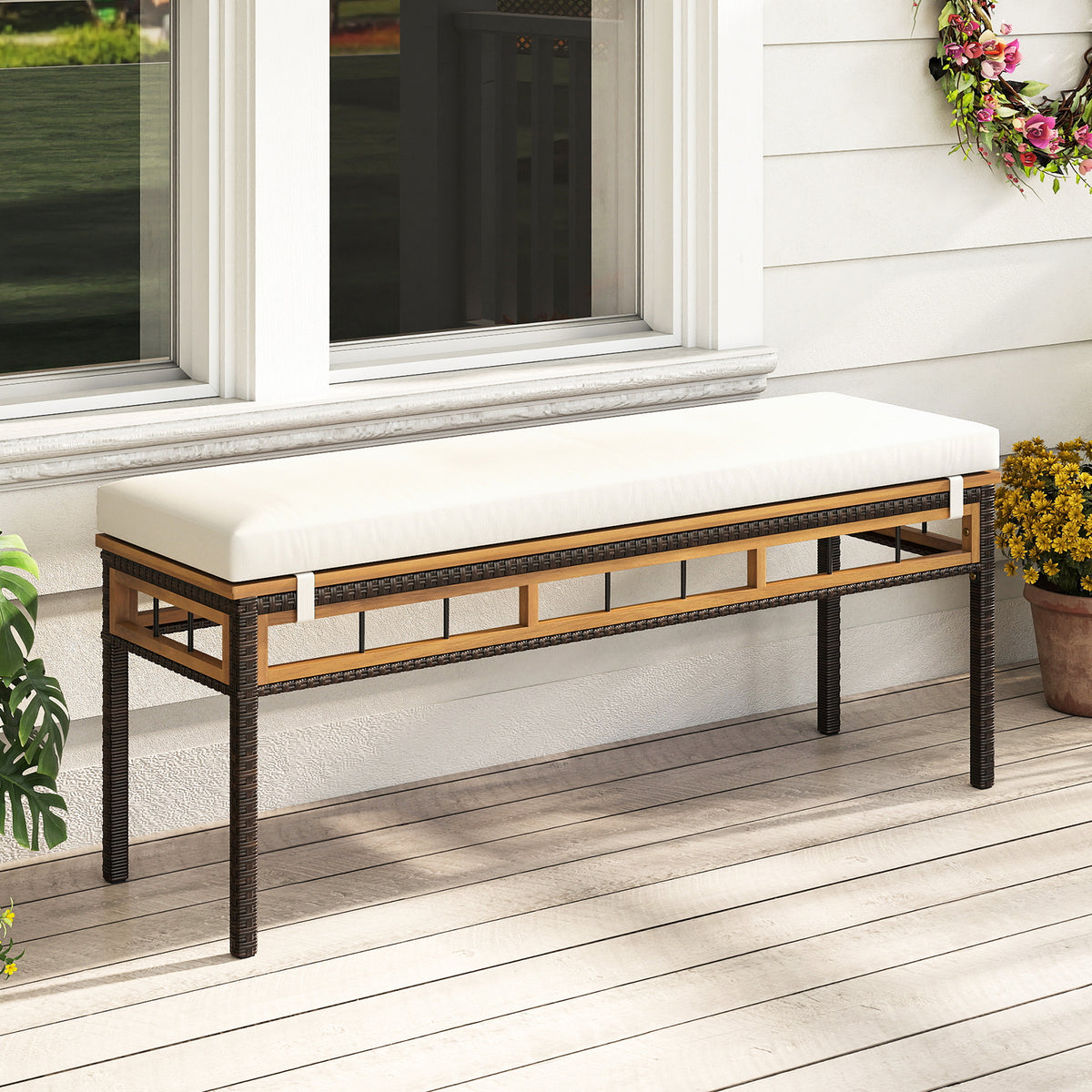 Wicker Patio Bench 48in Backless Dining Seat Acacia Wood - White