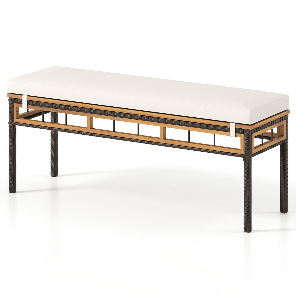 Wicker Patio Bench 48in Backless Dining Seat Acacia Wood - White