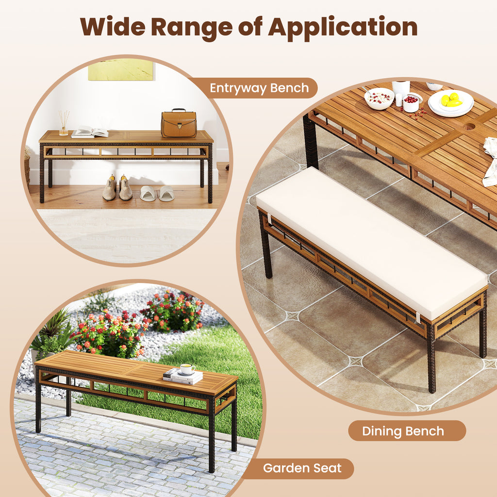Wicker Patio Bench 48in Backless Dining Seat Acacia Wood - White