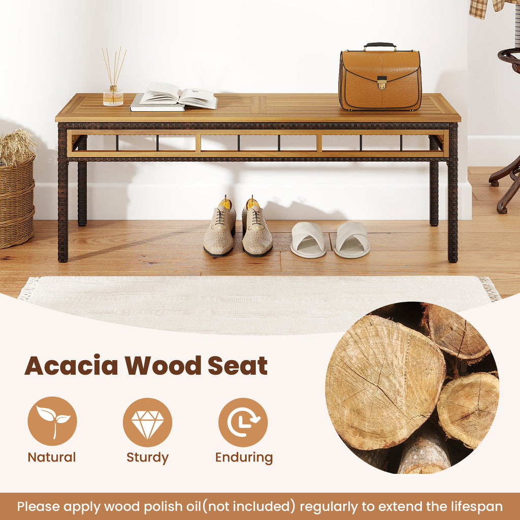 Wicker Patio Bench 48in Backless Dining Seat Acacia Wood - White