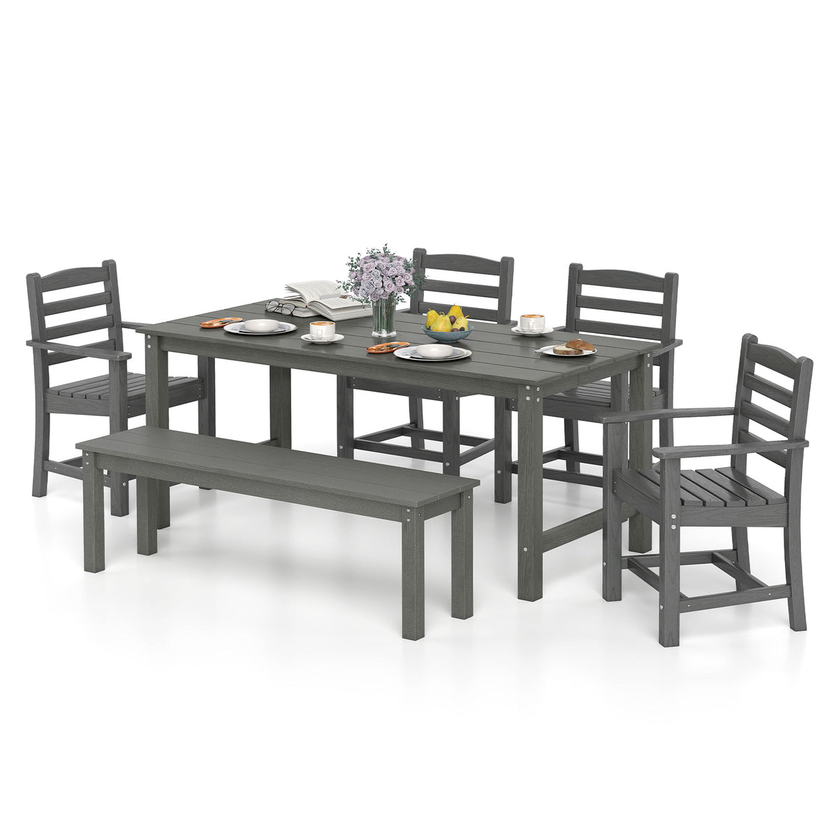 Outdoor Dining Set 6-Piece with Table, 5 Chairs & Bench, Gray