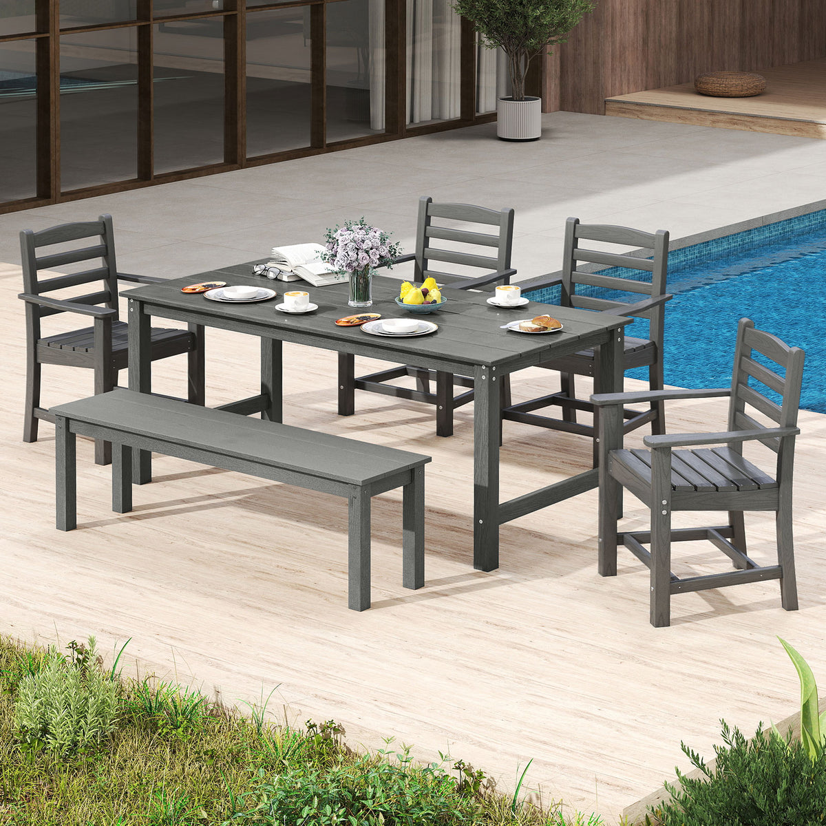 Outdoor Dining Set 6-Piece with Table, 5 Chairs & Bench, Gray