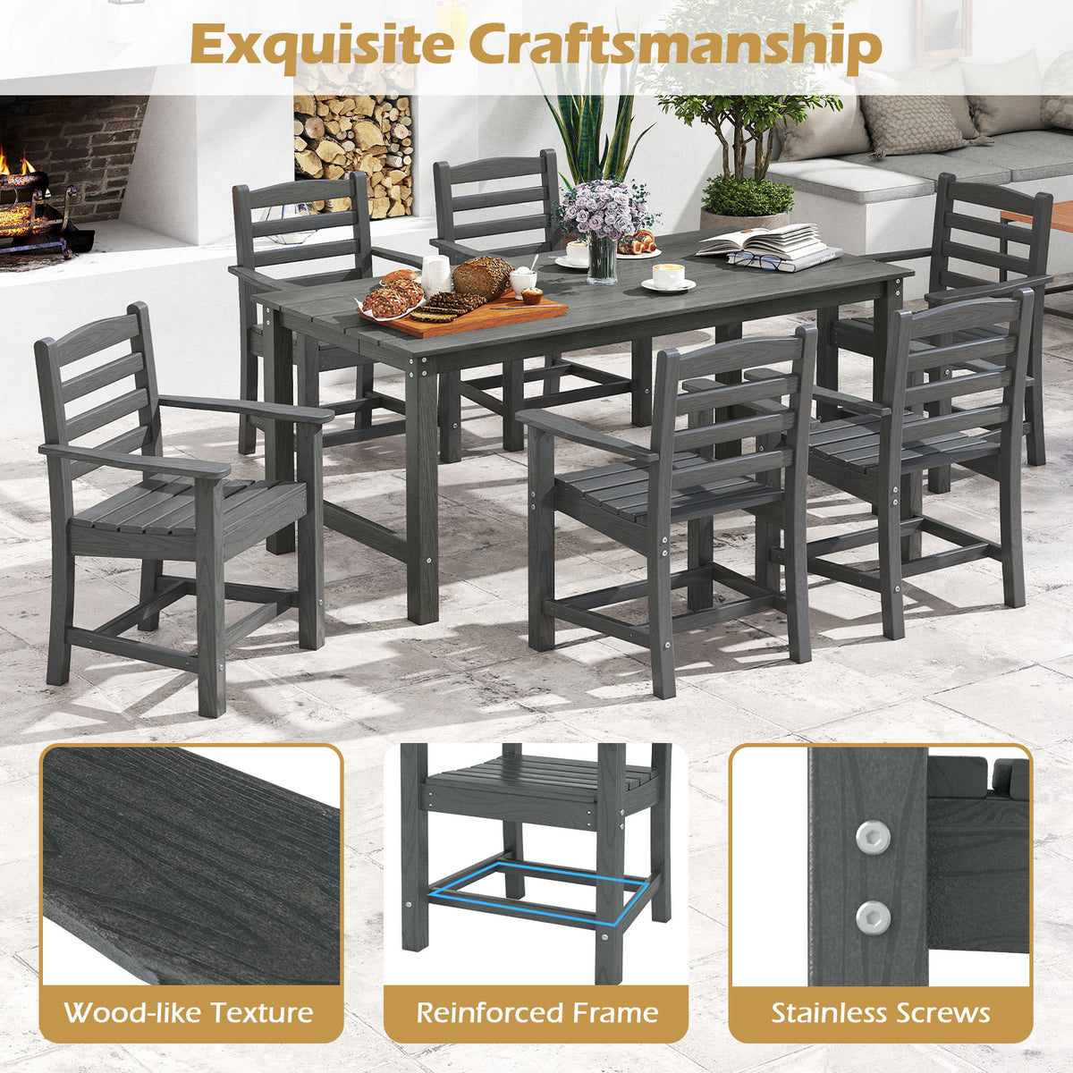 Outdoor Dining Set 6-Piece with Table, 5 Chairs & Bench, Gray