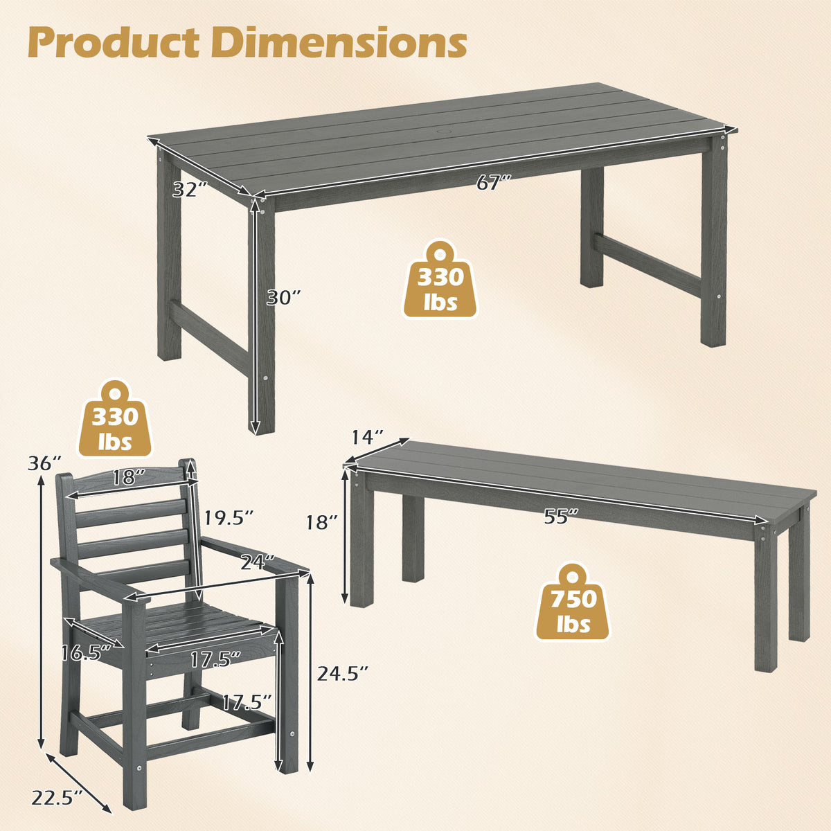 Outdoor Dining Set 6-Piece with Table, 5 Chairs & Bench, Gray
