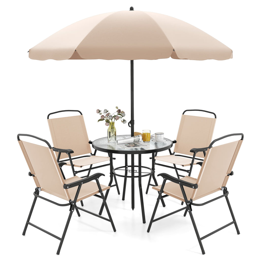 6 Pieces Patio Dining Set with Umbrella and 4 Folding Armchairs