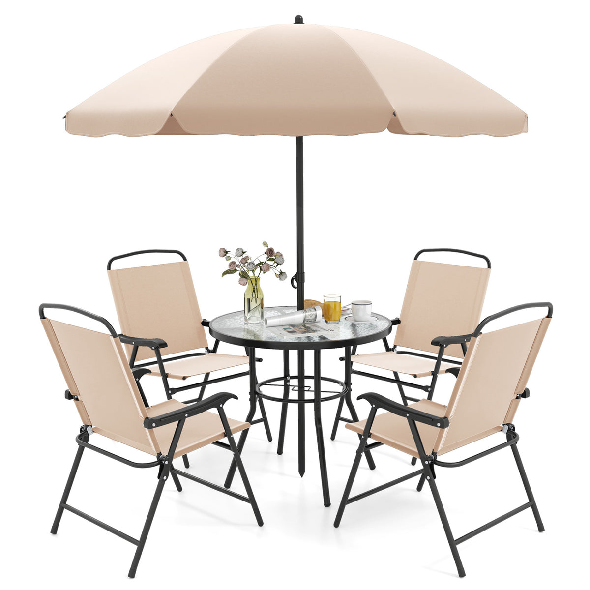 6 Pieces Patio Dining Set with Umbrella and 4 Folding Armchairs