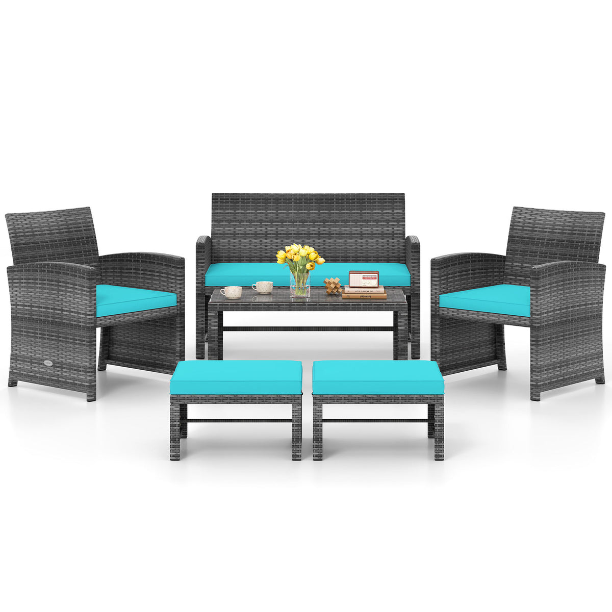 6 Pieces Patio Furniture Set Outdoor Sectional Conversation PE Rattan