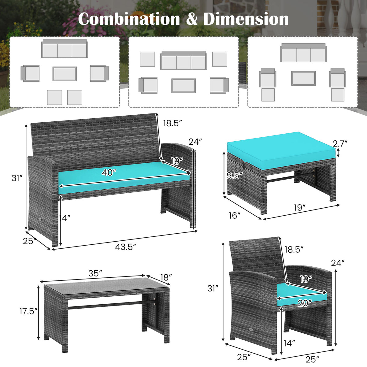 6 Pieces Patio Furniture Set Outdoor Sectional Conversation PE Rattan