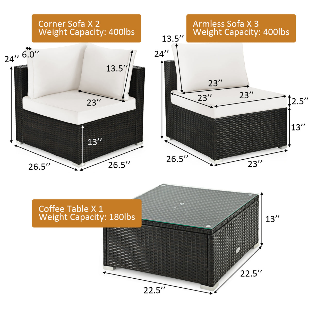 6-Piece Patio Rattan Furniture Set with Cushions - White
