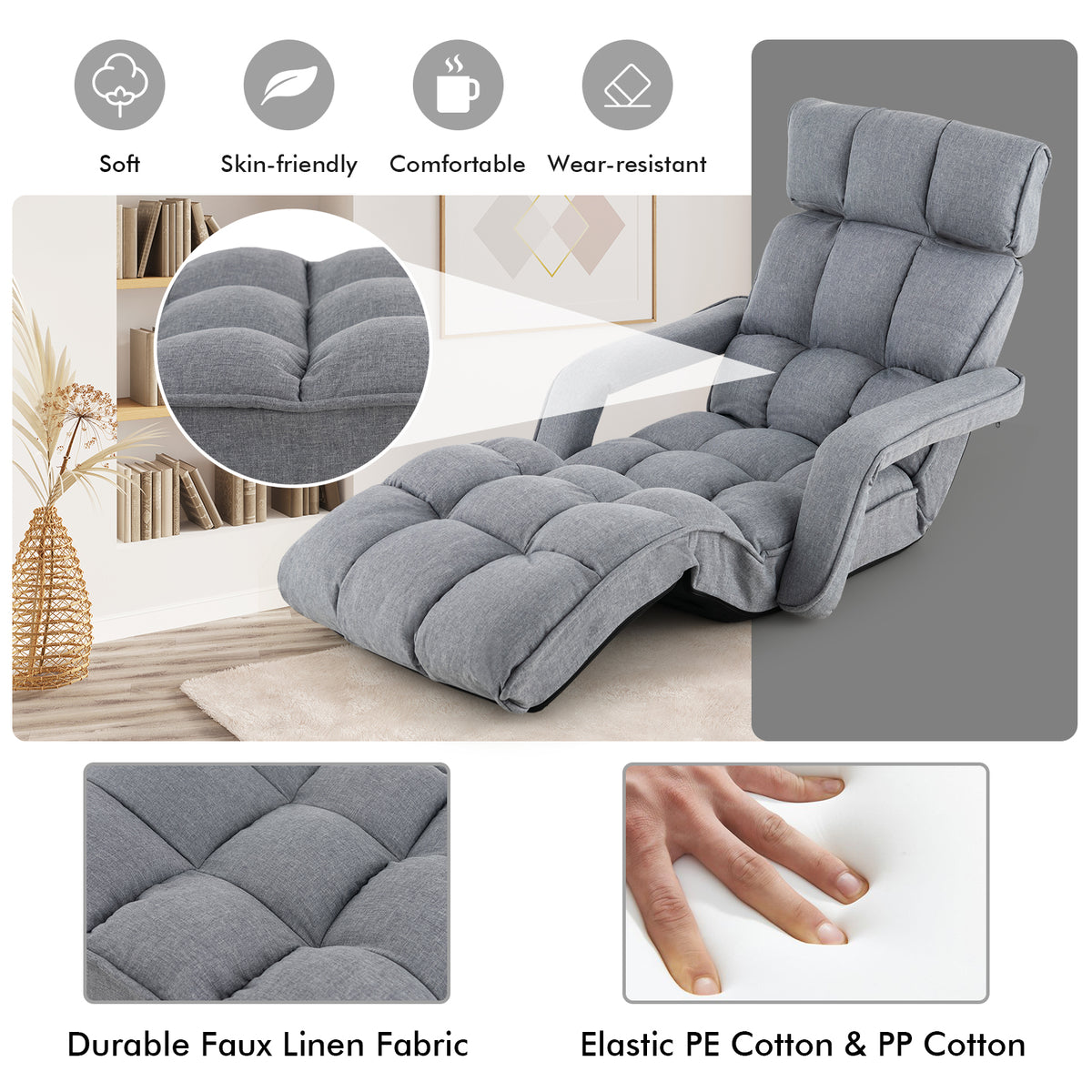 6-Position Adjustable Floor Chair with Footrest - Gray
