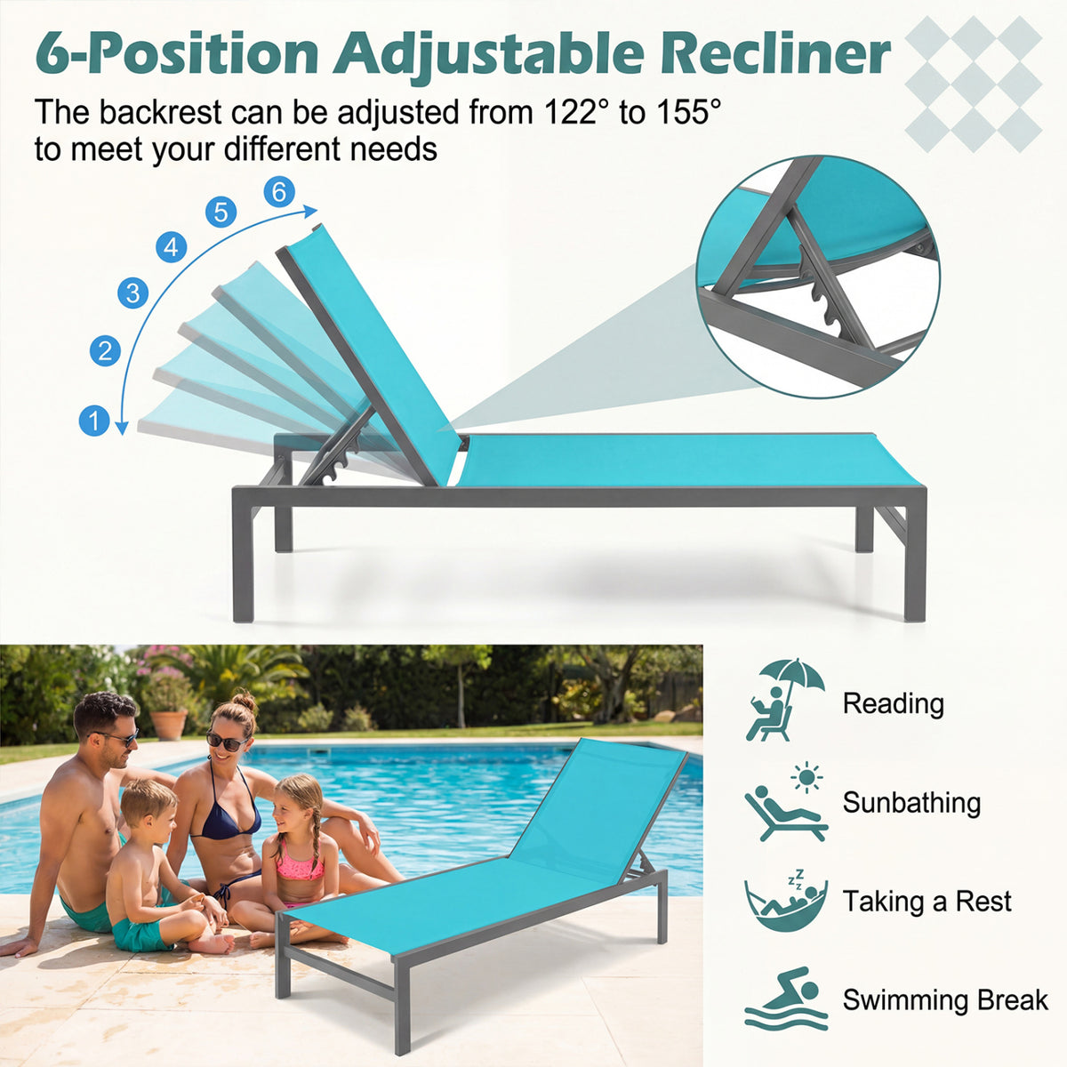 6-Position Chaise Lounge Chairs with Rustproof Aluminium Frame