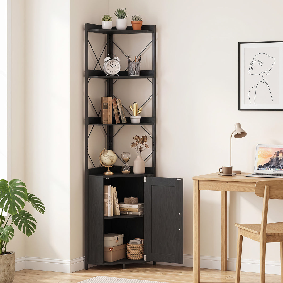 6-Tier 71" Tall Freestanding Bookshelf with Cabinet and Metal Frame