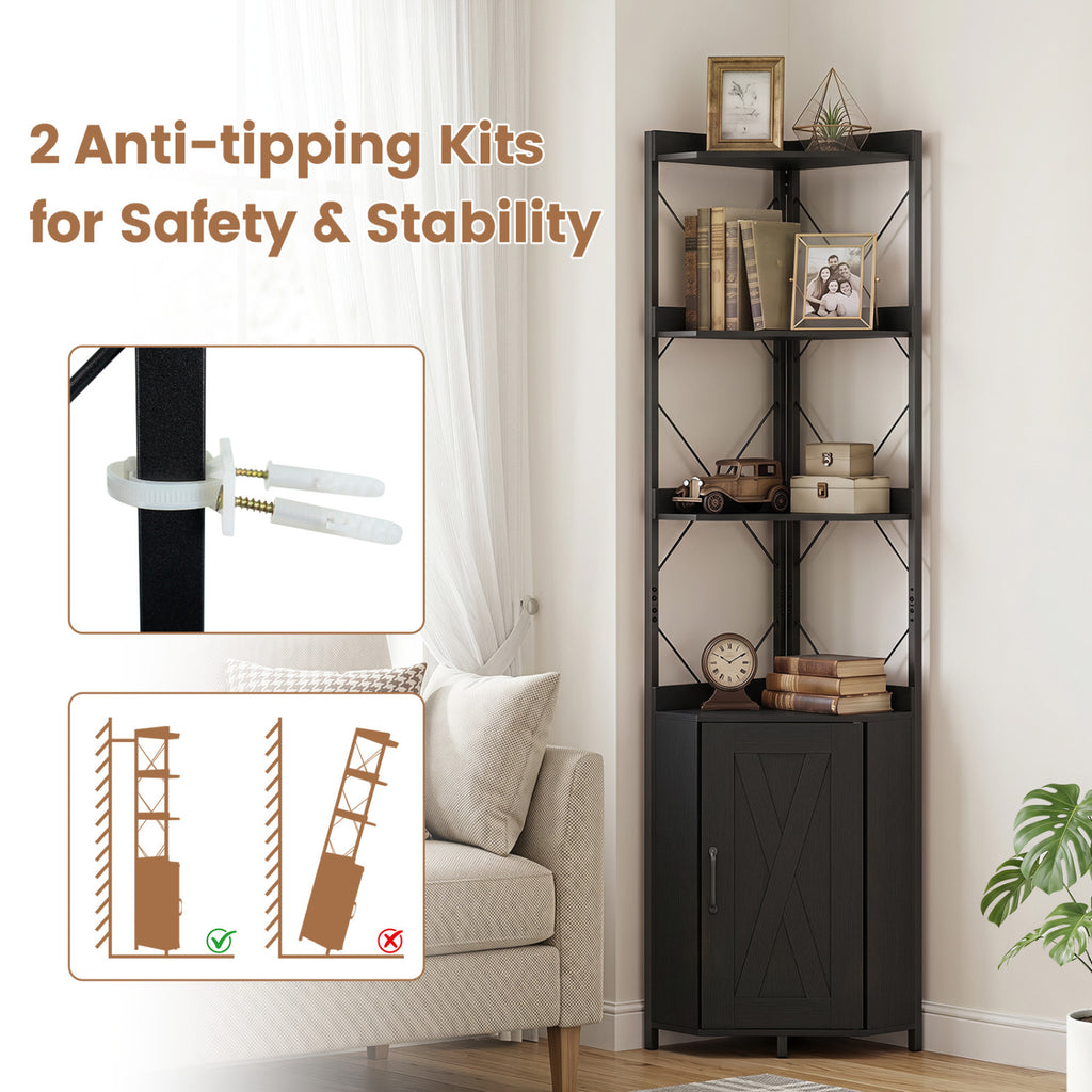 6-Tier 71" Tall Freestanding Bookshelf with Cabinet and Metal Frame