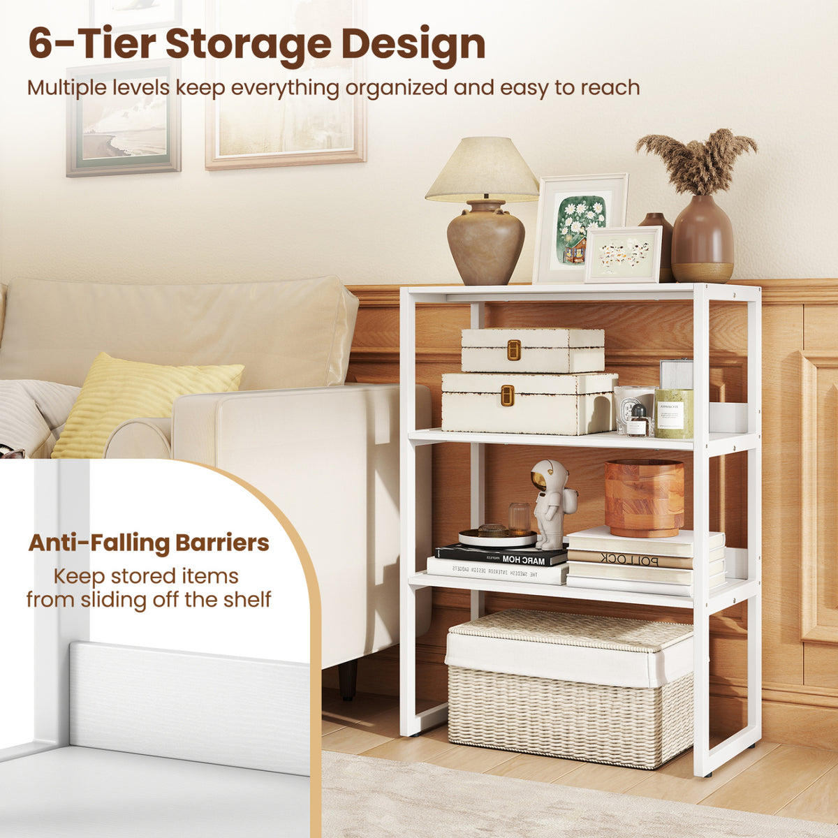 6-Tier Book Shelf with Metal Frame and 4 Anti-Tipping Kits Detachable