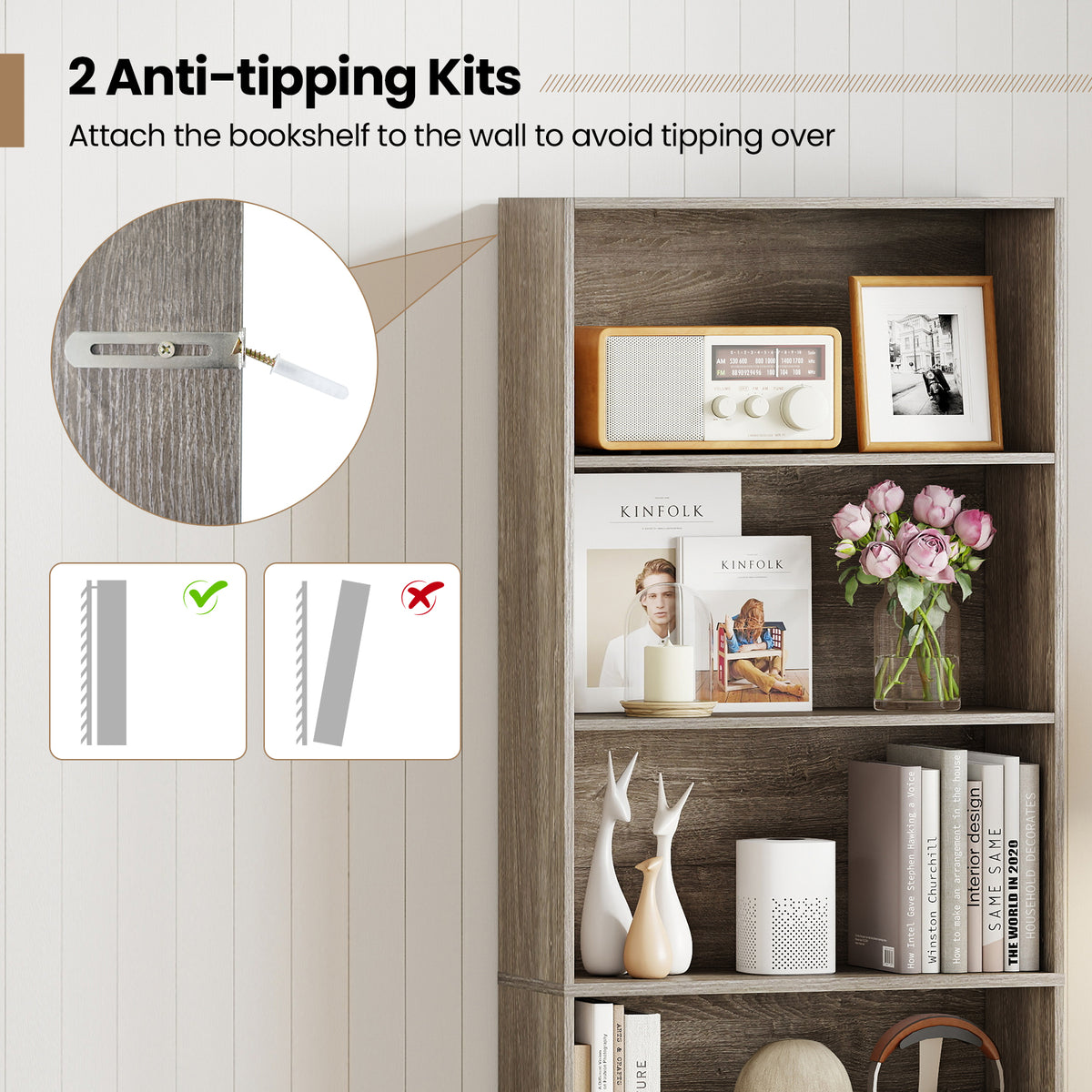 6-Tier Bookcase with Open Shelves, Gray