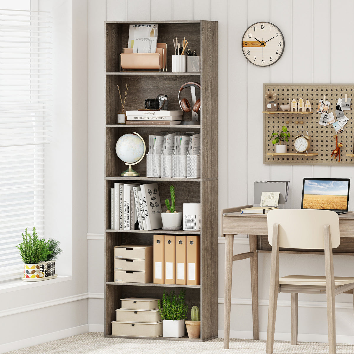 6-Tier Bookcase with Open Shelves, Gray