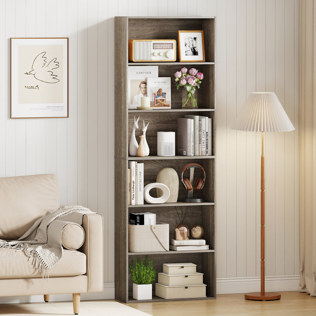 6-Tier Bookcase with Open Shelves, Gray