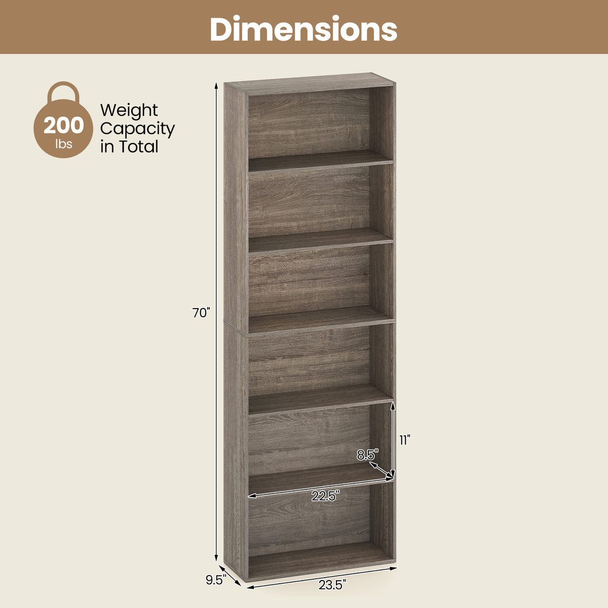 6-Tier Bookcase with Open Shelves, Gray