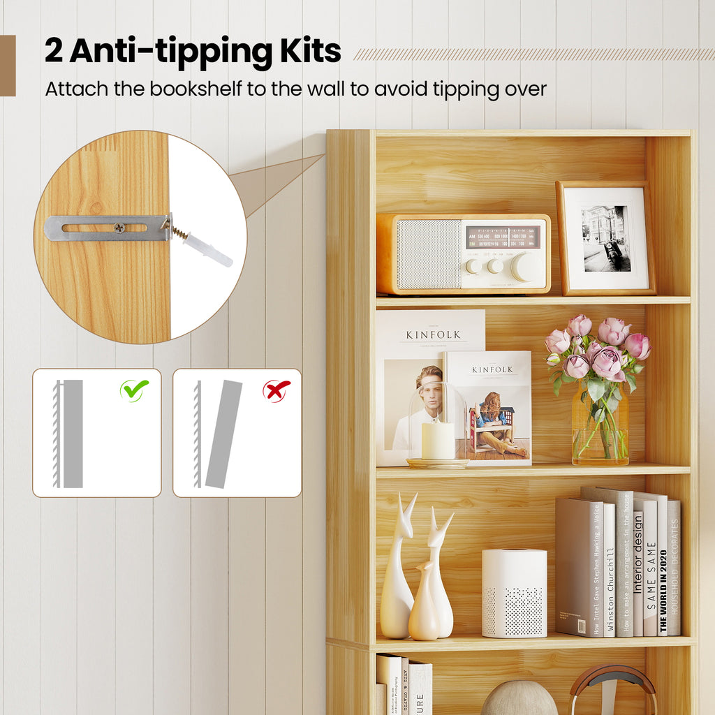 6-Tier Bookcase with Open Shelves, Wood