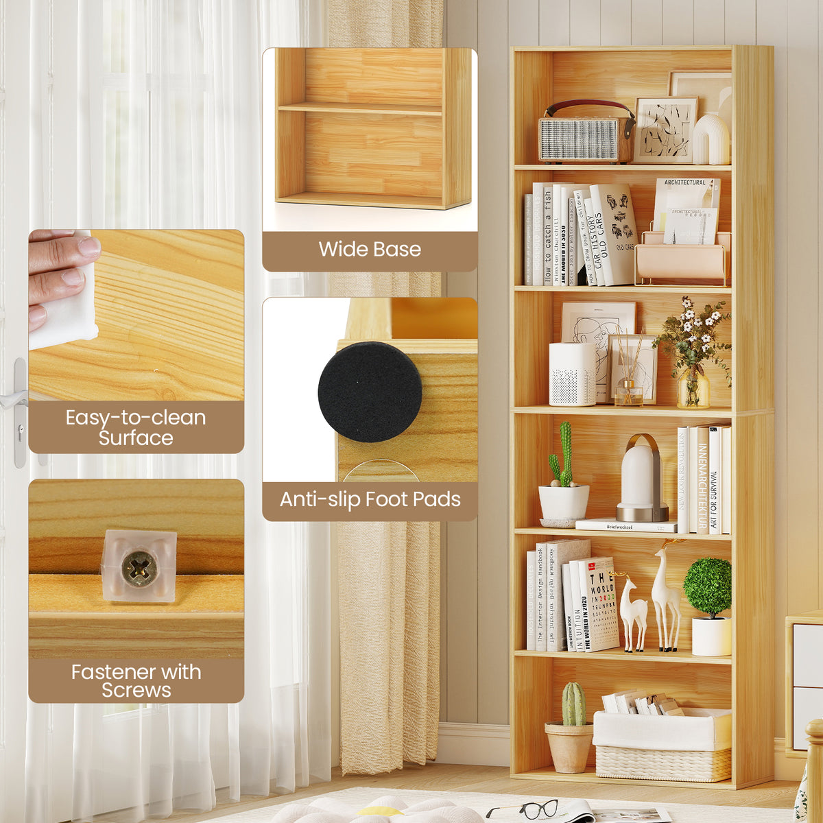 6-Tier Bookcase with Open Shelves, Wood