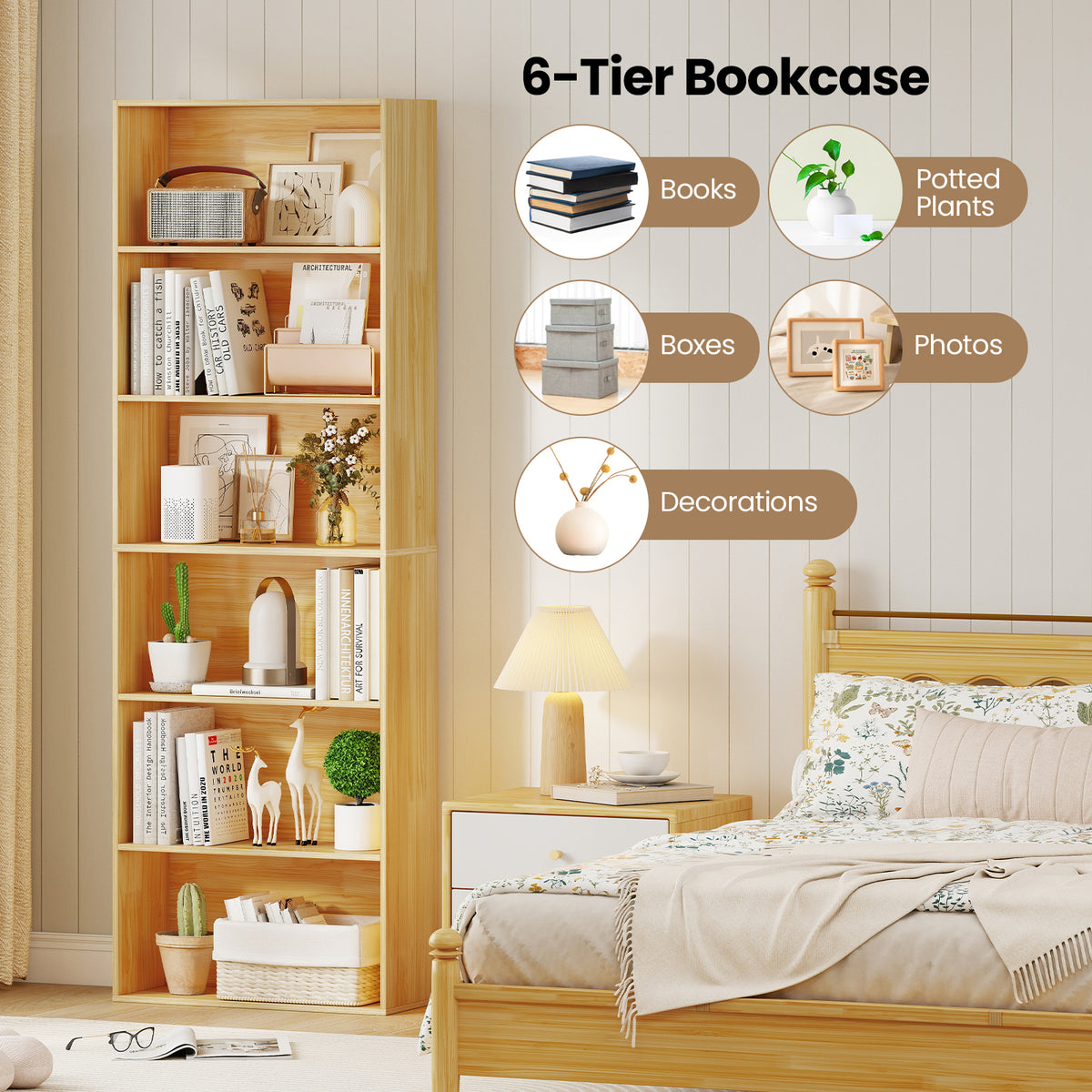 6-Tier Bookcase with Open Shelves, Wood