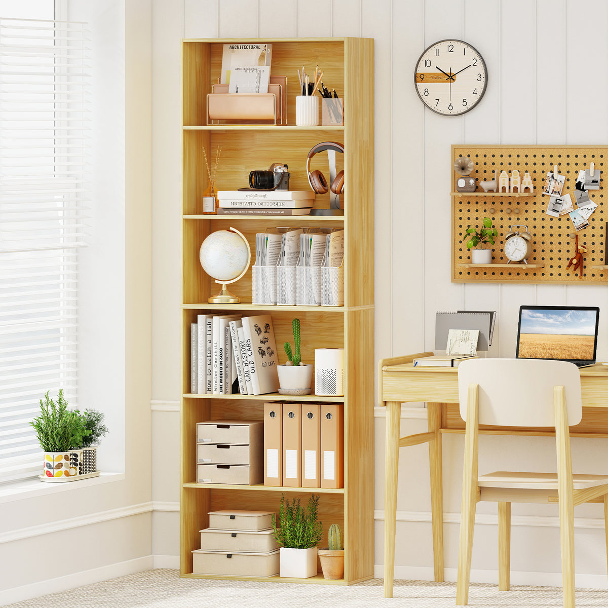 6-Tier Bookcase with Open Shelves, Wood
