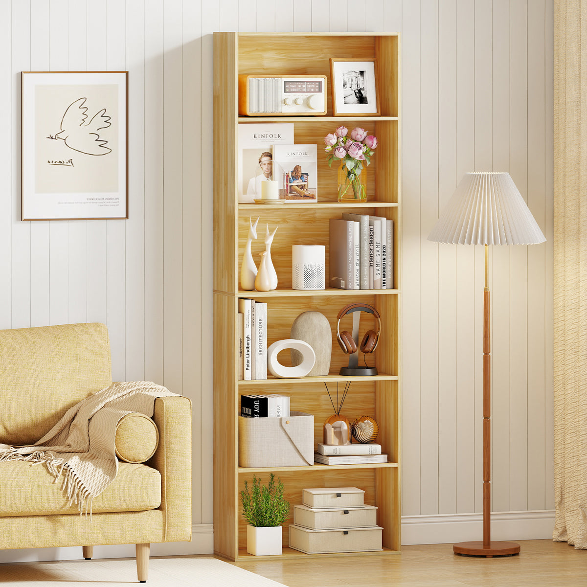6-Tier Bookcase with Open Shelves, Wood