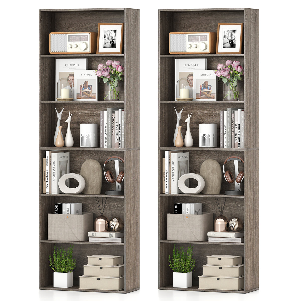 6-Tier Bookcase with Open Shelves, Gray
