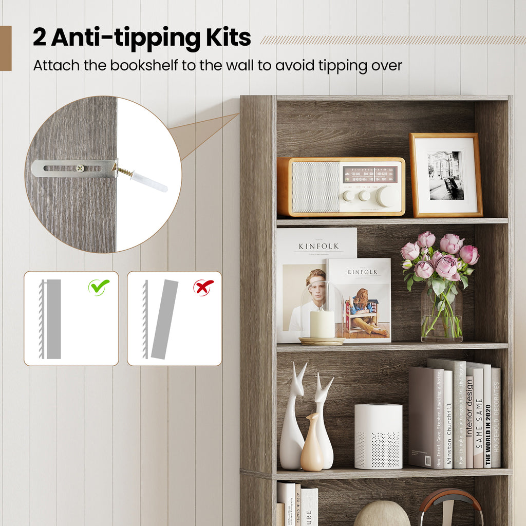 6-Tier Bookcase with Open Shelves, Gray