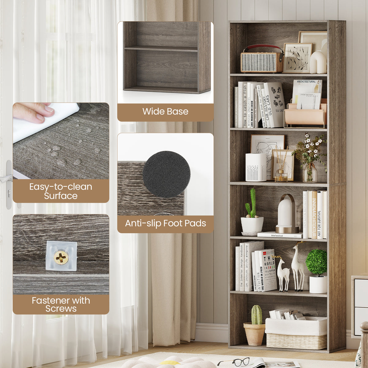 6-Tier Bookcase with Open Shelves, Gray