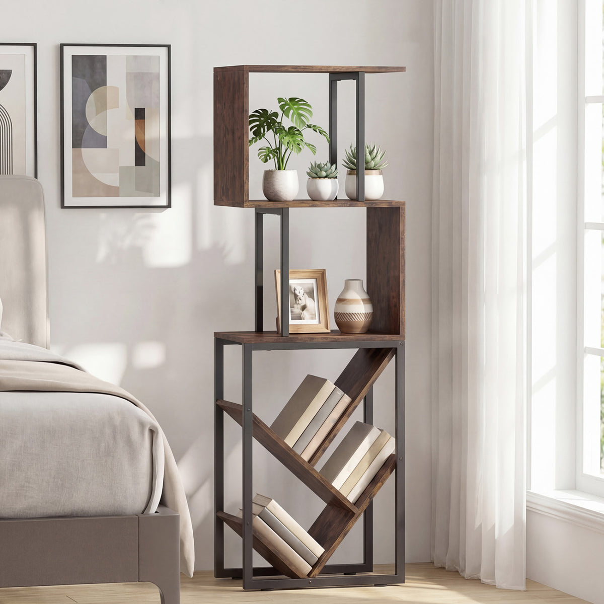 6-Tier S-Shaped Bookshelf Floor Standing - Brown