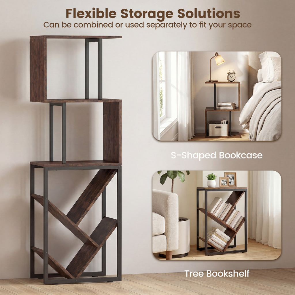 6-Tier S-Shaped Bookshelf Floor Standing - Brown