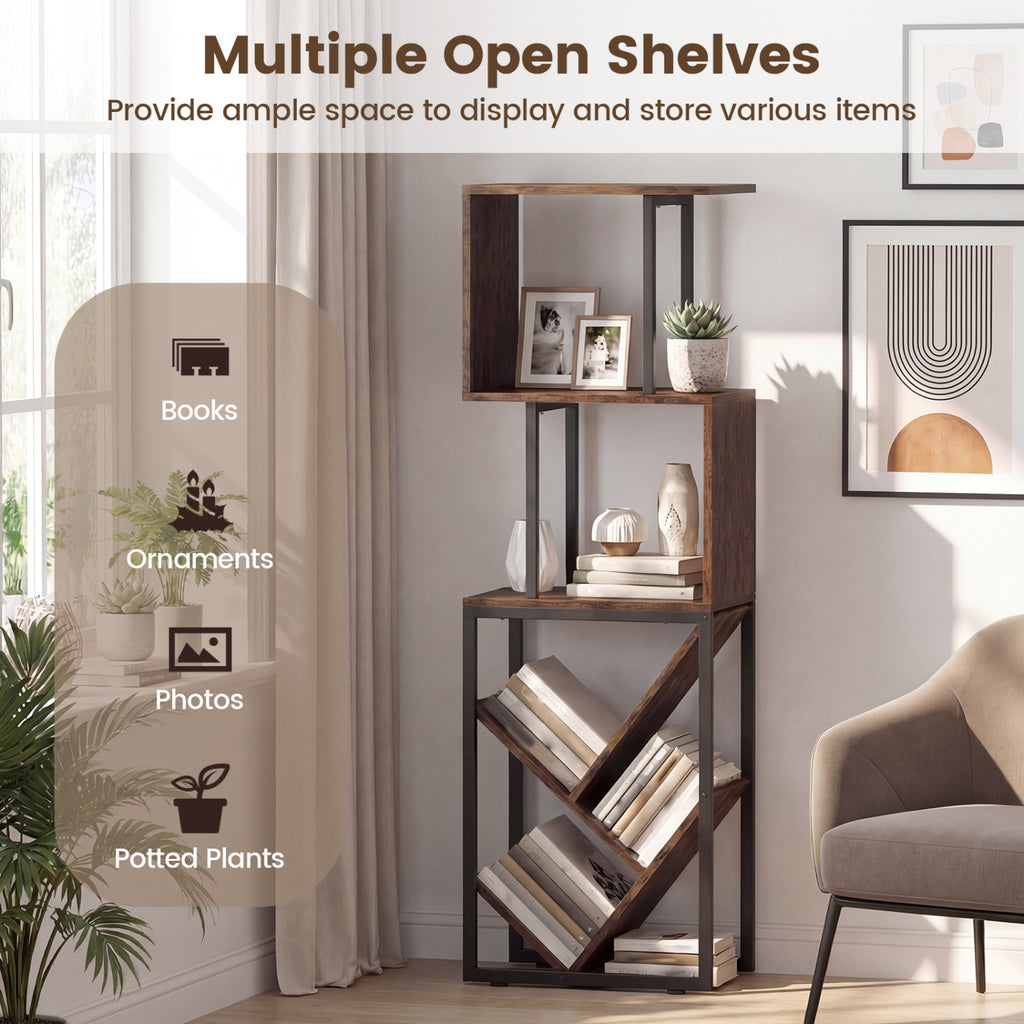 6-Tier S-Shaped Bookshelf Floor Standing - Brown
