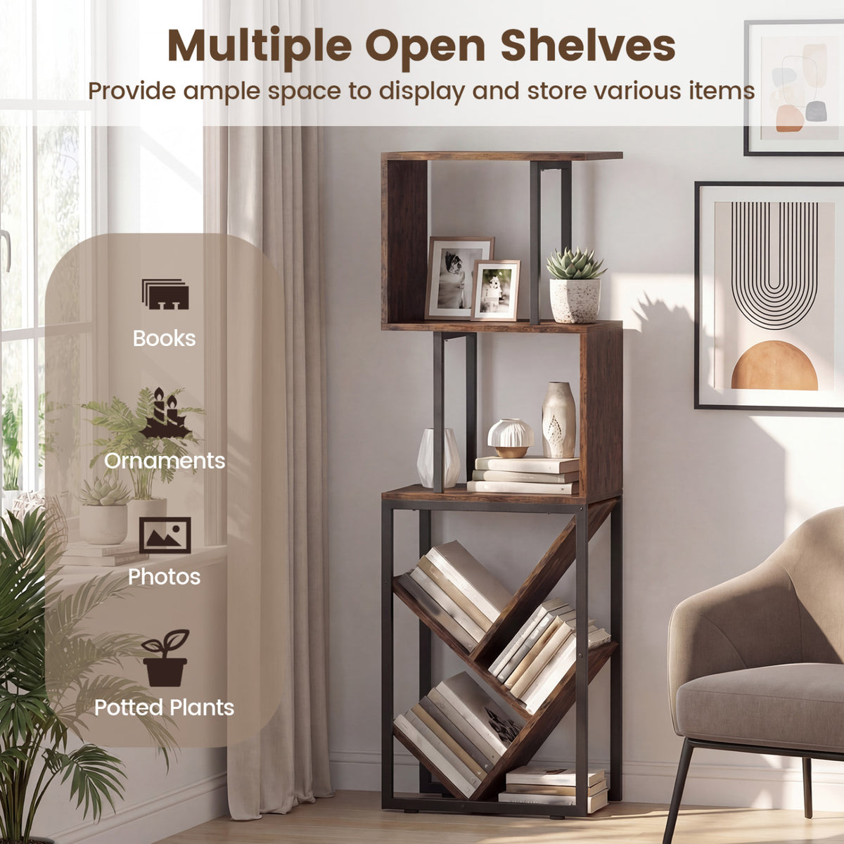 6-Tier S-Shaped Bookshelf Floor Standing - Brown