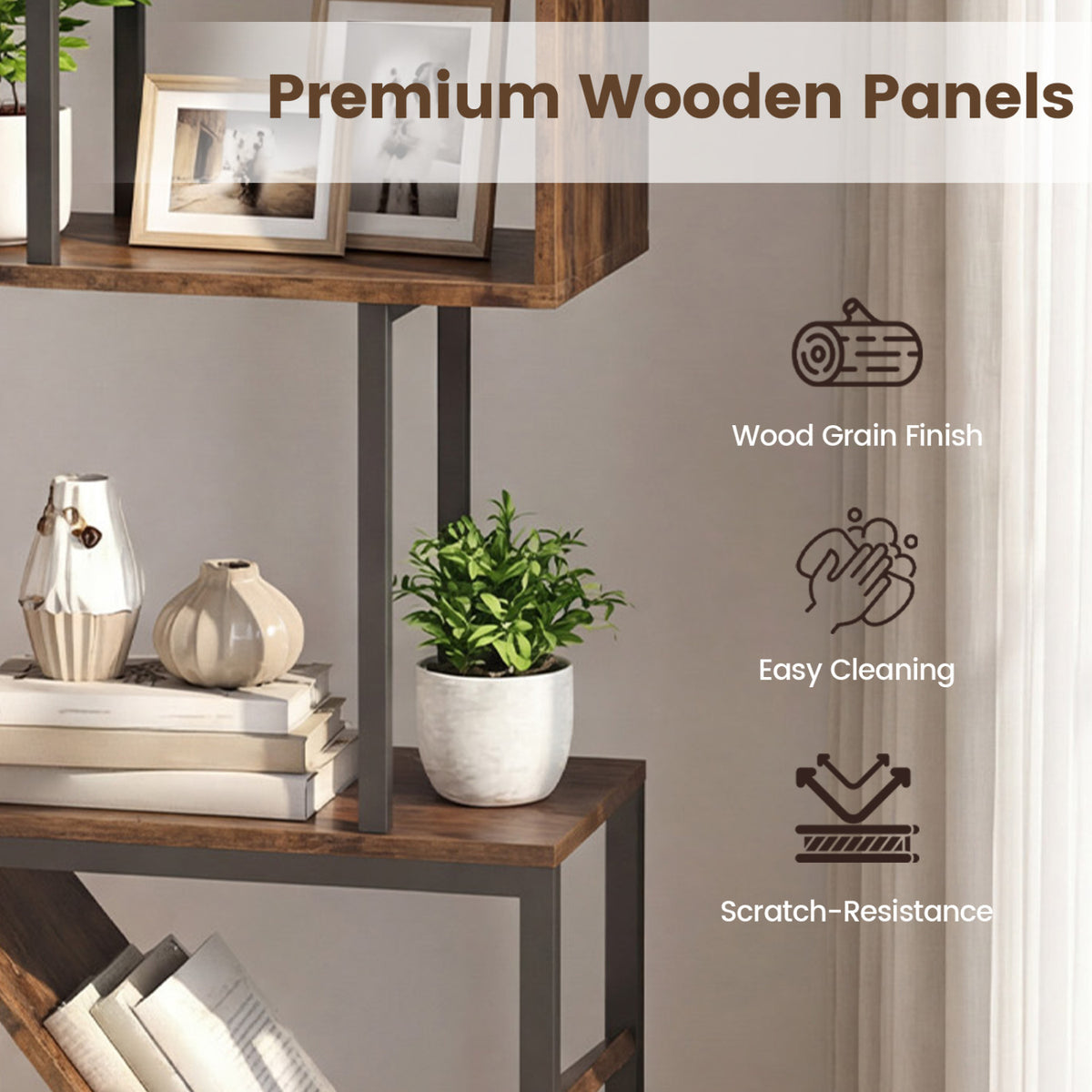 6-Tier S-Shaped Bookshelf Floor Standing - Brown