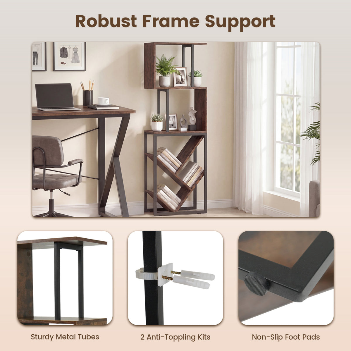 6-Tier S-Shaped Bookshelf Floor Standing - Brown