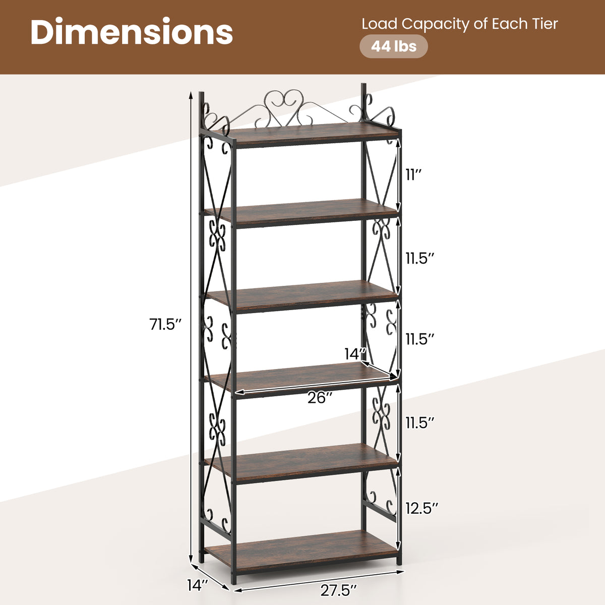 6-Tier Bookshelf Industrial Bookcase with 2 Anti-Tipping Kits and