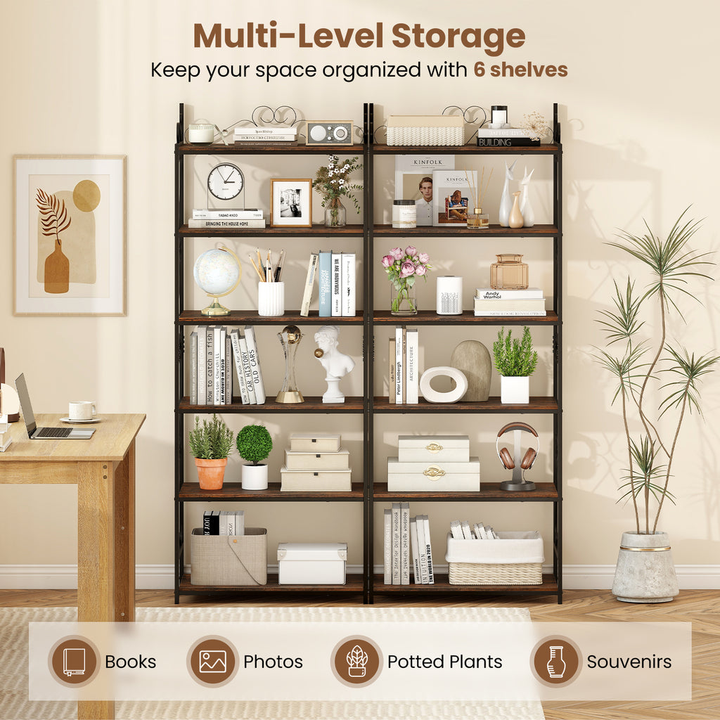 6-Tier Bookshelf Industrial Bookcase with 2 Anti-Tipping Kits and