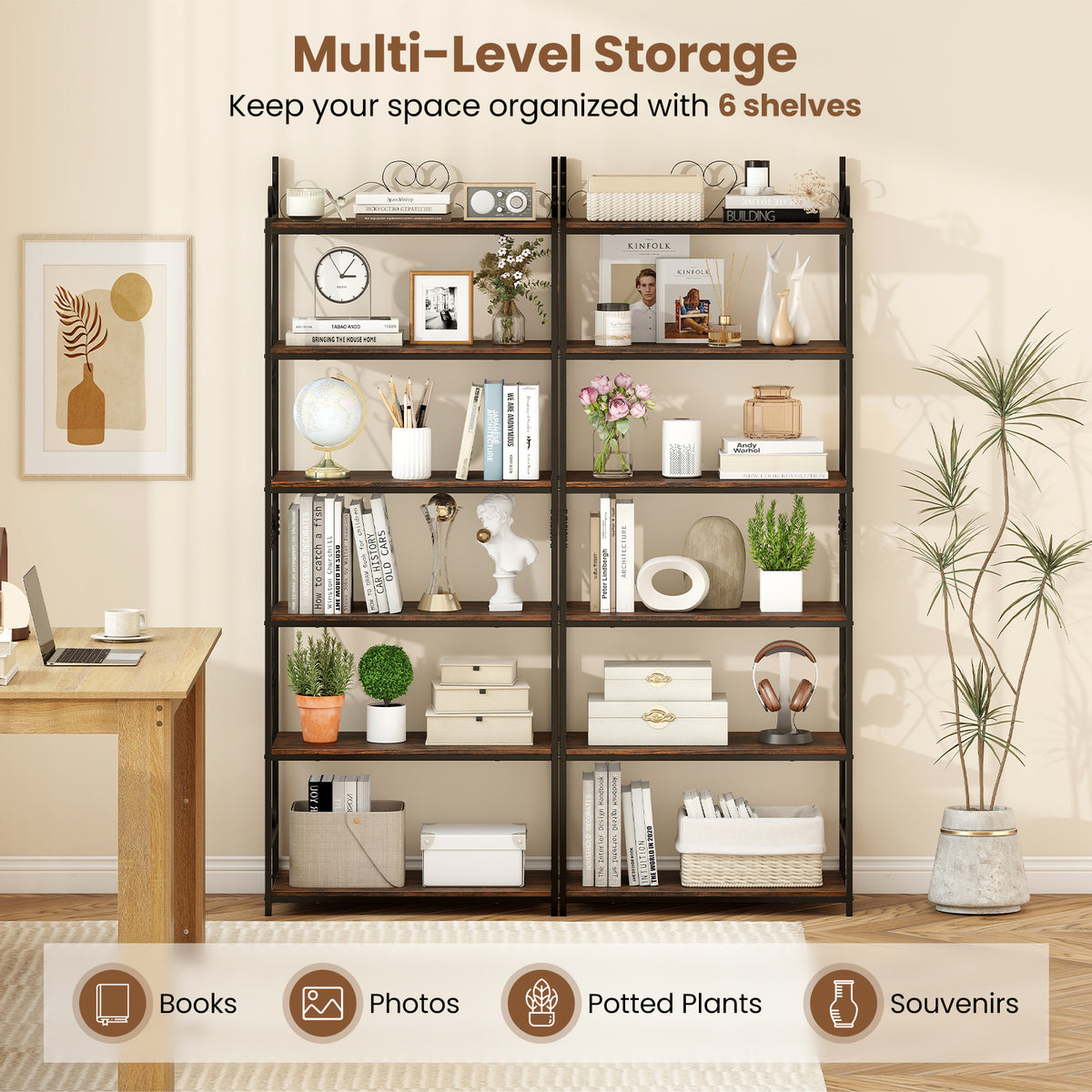 6-Tier Bookshelf Industrial Bookcase with 2 Anti-Tipping Kits and