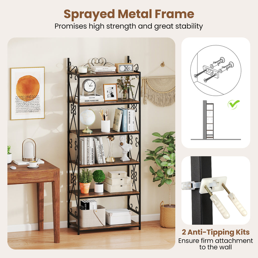 6-Tier Bookshelf Industrial Bookcase with 2 Anti-Tipping Kits and