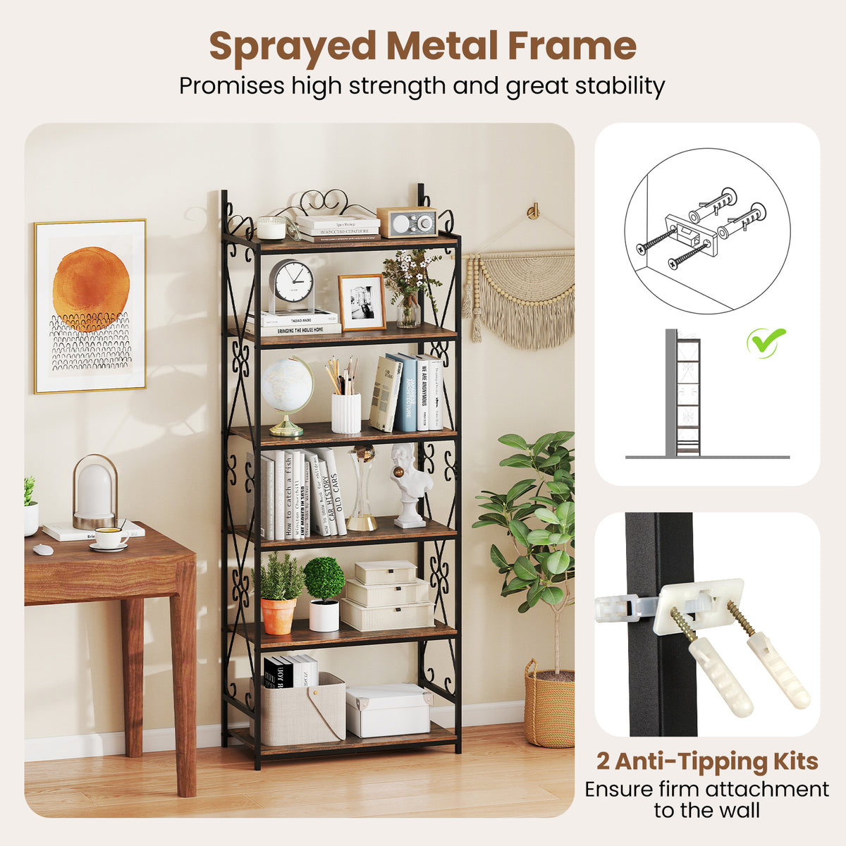 6-Tier Bookshelf Industrial Bookcase with 2 Anti-Tipping Kits and