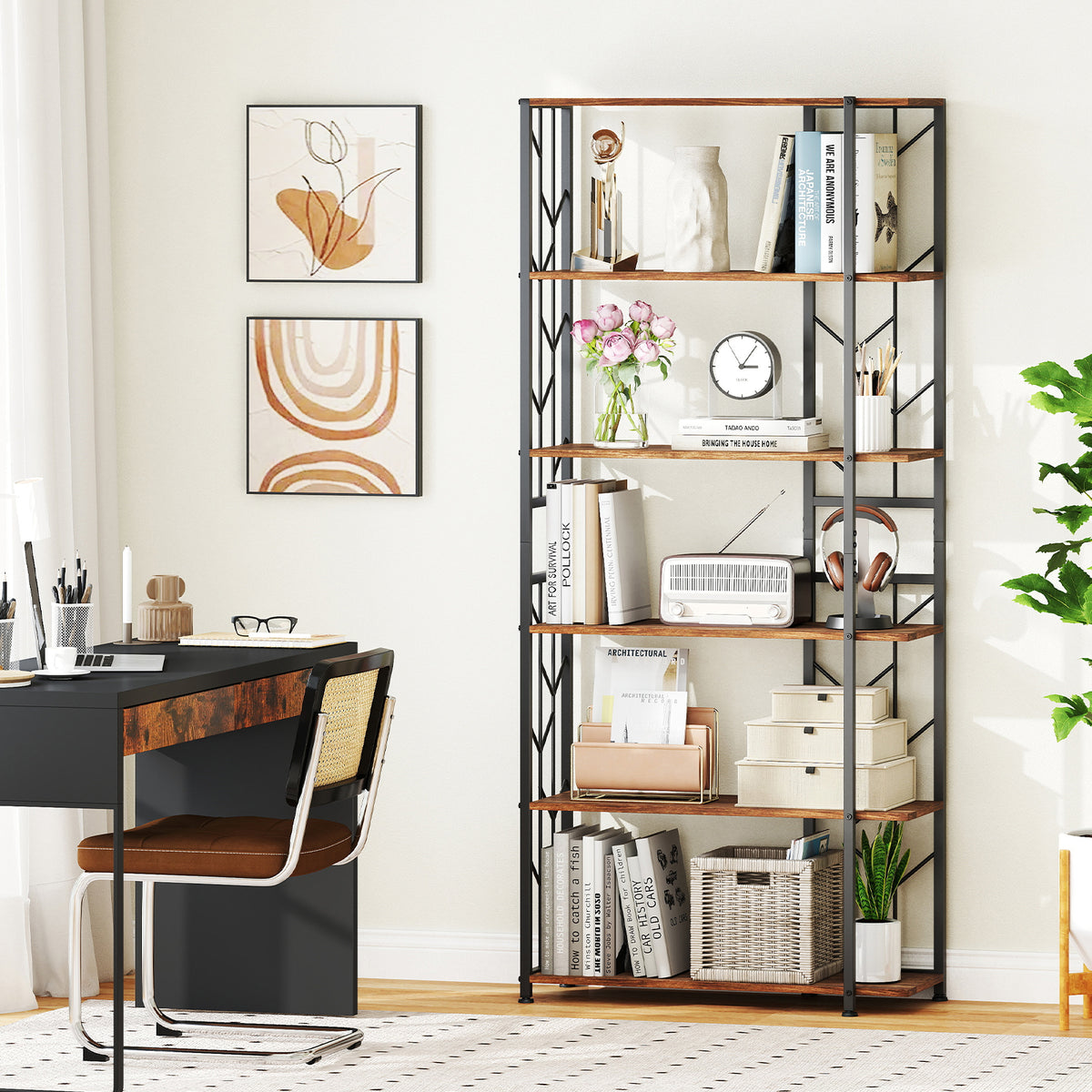 6-Tier Bookshelf with Metal Frame & Anti-Tipping Kits - Rustic Brown