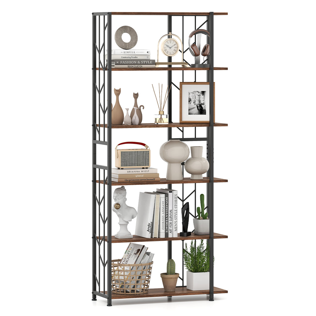 6-Tier Bookshelf with Metal Frame & Anti-Tipping Kits - Rustic Brown